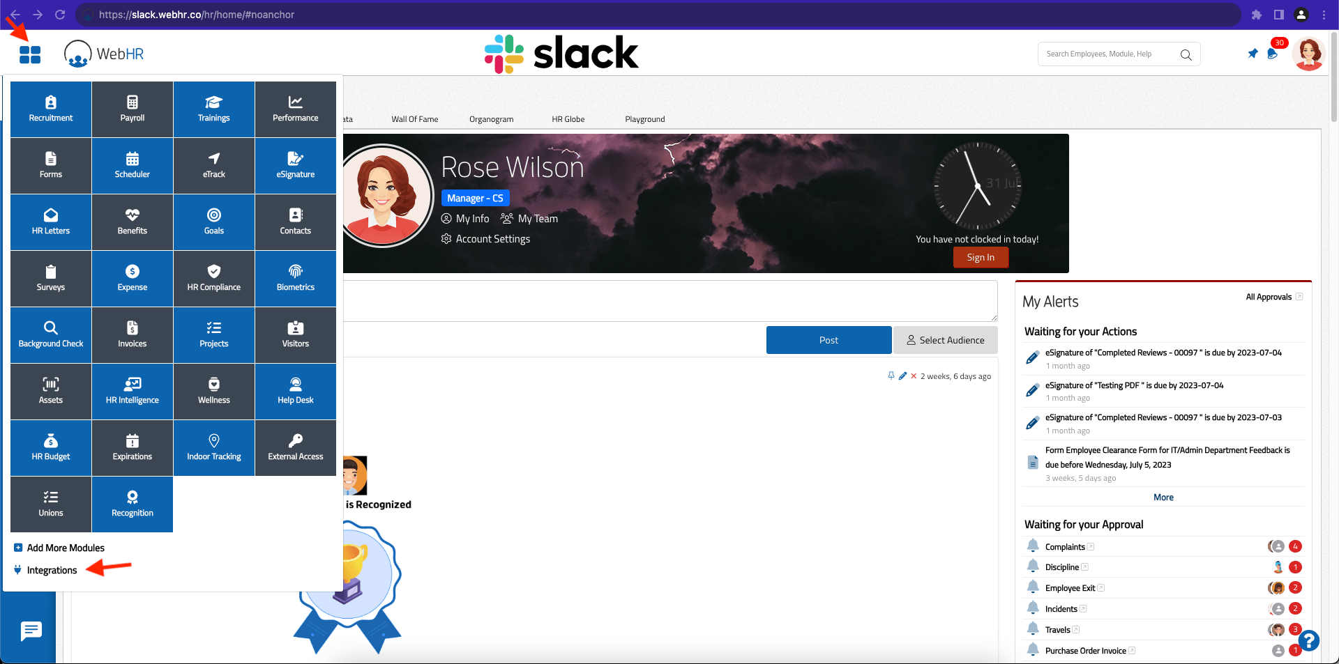 Integration tab in WebHR
